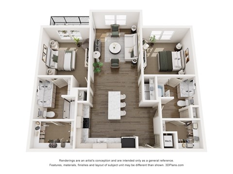 A 3D floor plan of The Beckett floor plan (2-bed 2-bath) apartment with a large kitchen and island, spacious layout, dual walk-in closets